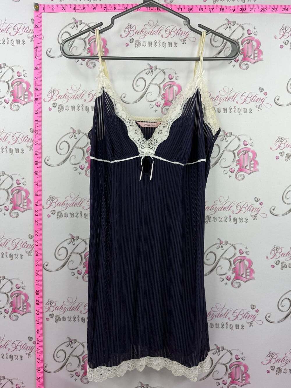 La Vie En Rose Navy Chemise with Cream Lace Trim